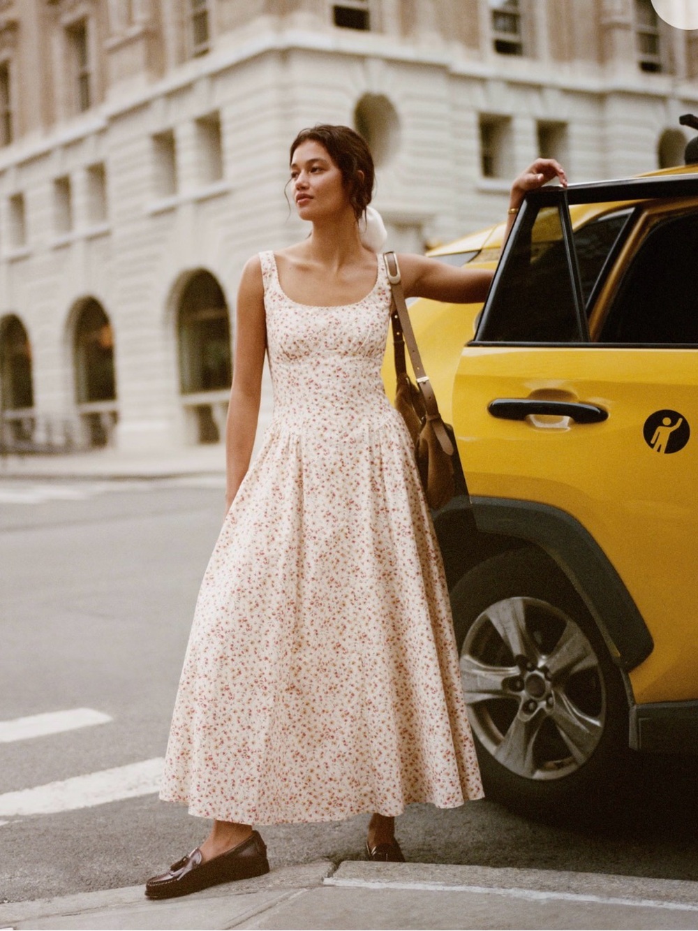 Abercrombie & Fitch Cream Midi Dress with Small Pink Floral Print